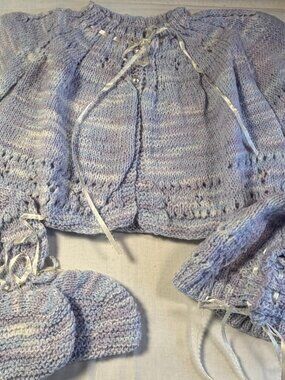 NEW Handmade cardigan sweater, hat, booties infant girl size 12-18M blue/purple
